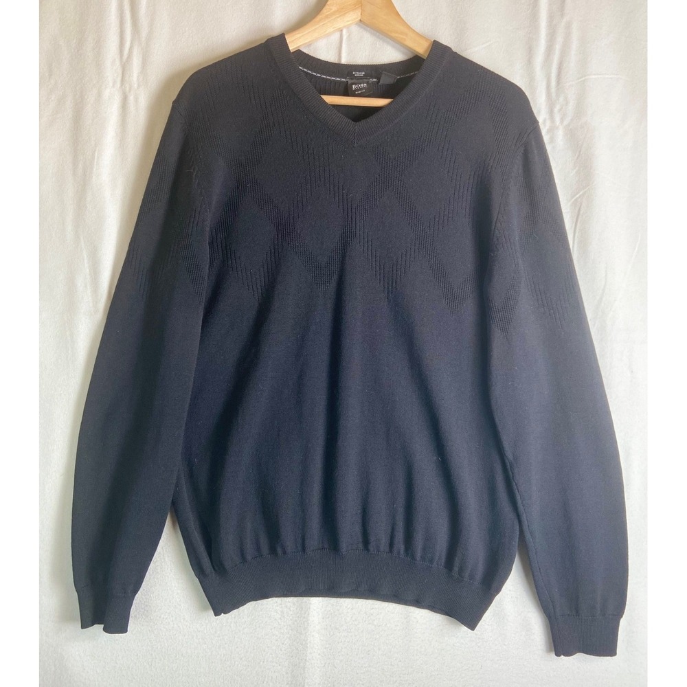 Hugo Boss Mens Extrafine Merino Wool V-Neck Sweater Slim Fit Black Textured L